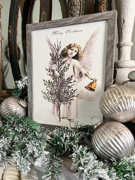 Merry Christmas ANGEL Wood Sign FRAMED Vintage Christmas Farmhouse Wall Art Print Primitive