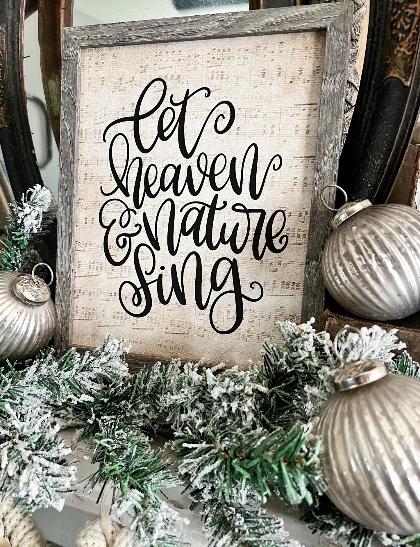 Let Heaven And Nature Sing Wood Sign FRAMED Vintage Christmas Farmhouse Wall Art Print Sheet Music Book Page