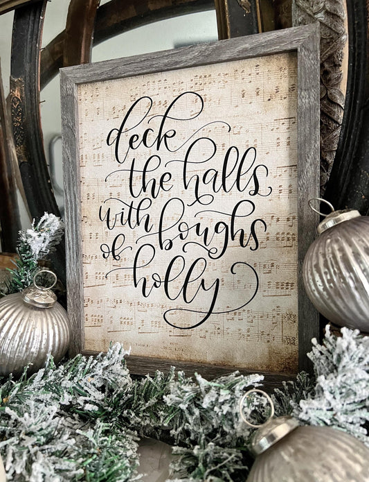 Deck The Halls Wood Sign FRAMED Vintage Christmas Farmhouse Wall Art Print Sheet Music Book Page
