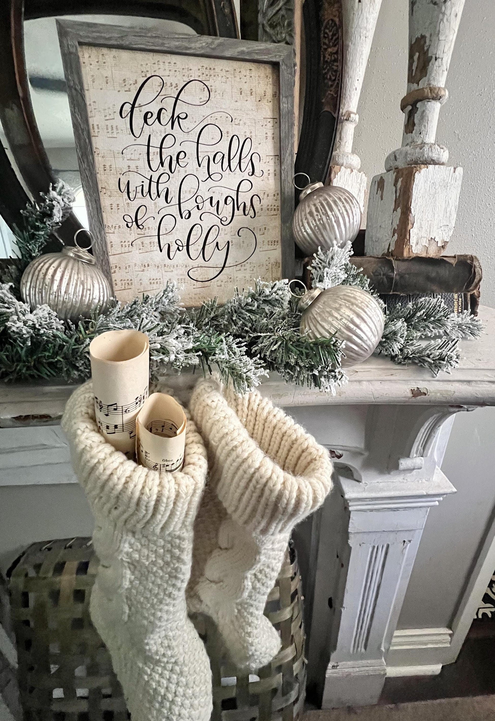 Deck The Halls Wood Sign FRAMED Vintage Christmas Farmhouse Wall Art Print Sheet Music Book Page