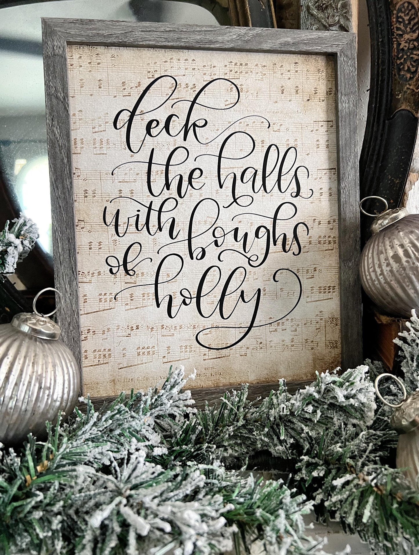 Deck The Halls Wood Sign FRAMED Vintage Christmas Farmhouse Wall Art Print Sheet Music Book Page
