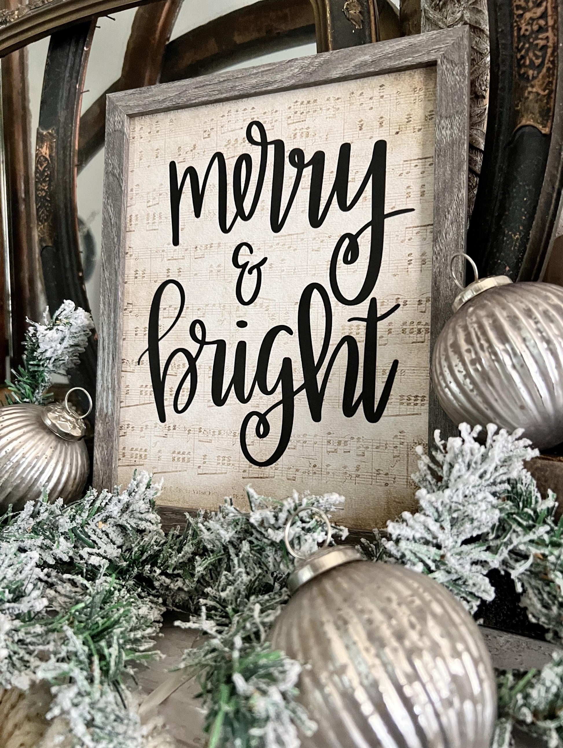 Merry and Bright Wood Sign FRAMED Vintage Christmas Farmhouse Wall Art Print Sheet Music Book Page