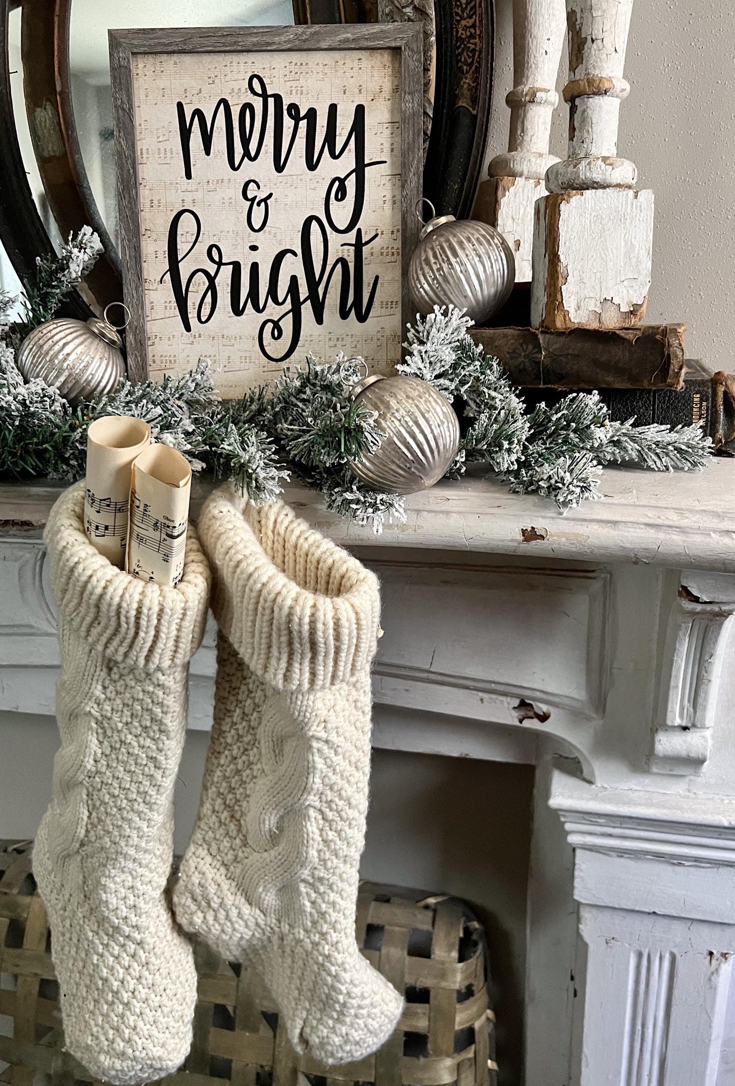 Merry and Bright Wood Sign FRAMED Vintage Christmas Farmhouse Wall Art Print Sheet Music Book Page