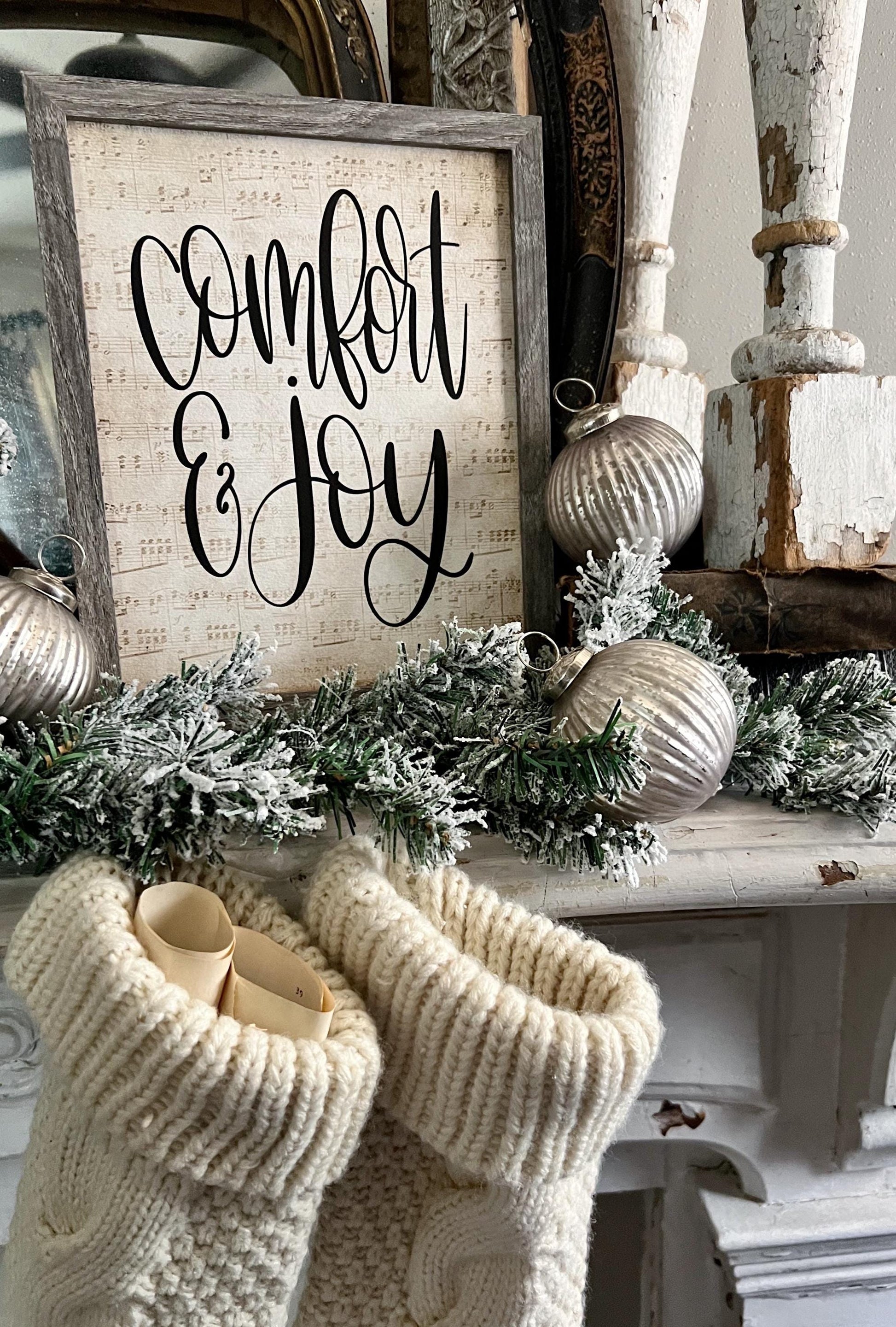 Comfort And Joy Wood Sign FRAMED Vintage Christmas Farmhouse Wall Art Print Sheet Music Book Page