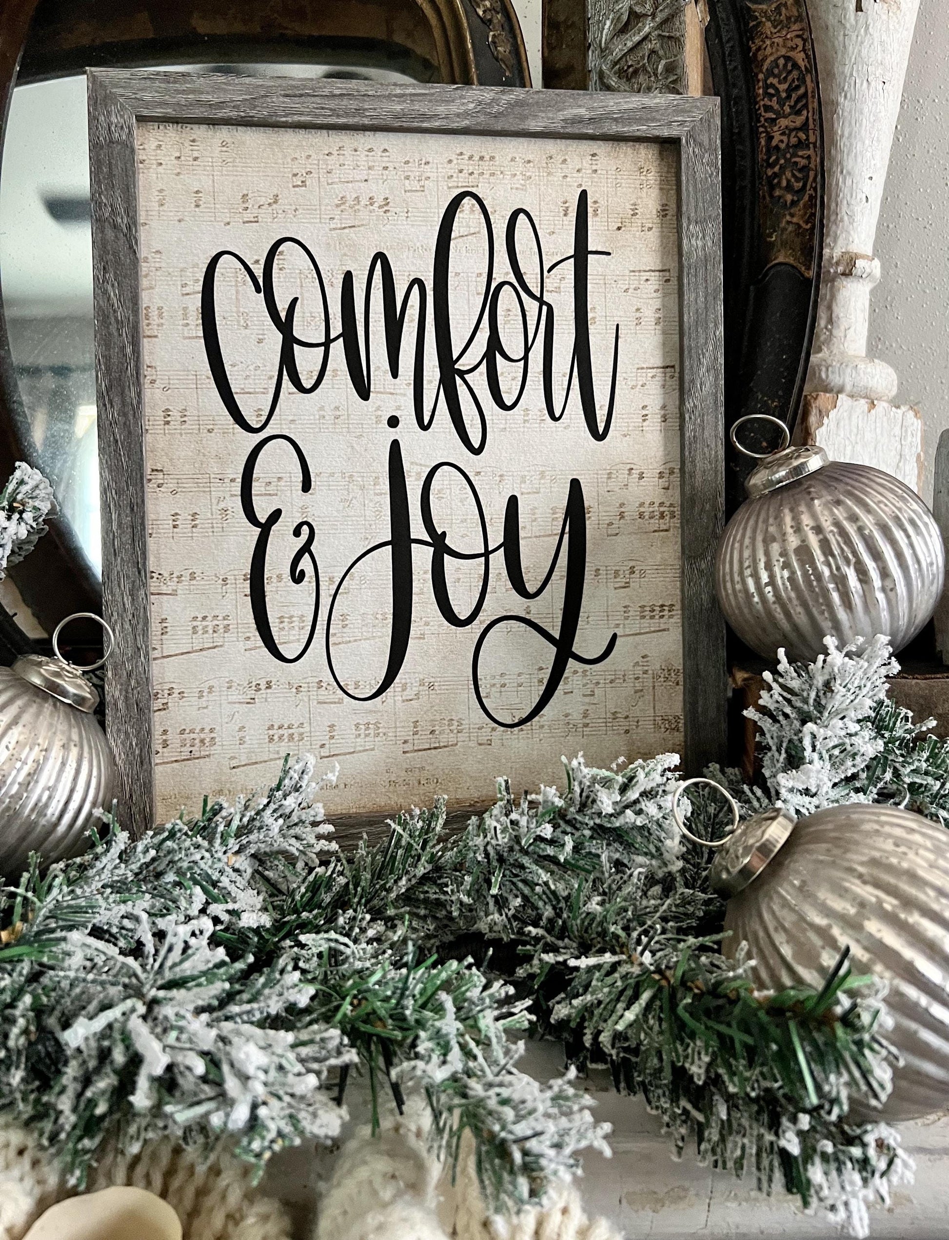 Comfort And Joy Wood Sign FRAMED Vintage Christmas Farmhouse Wall Art Print Sheet Music Book Page