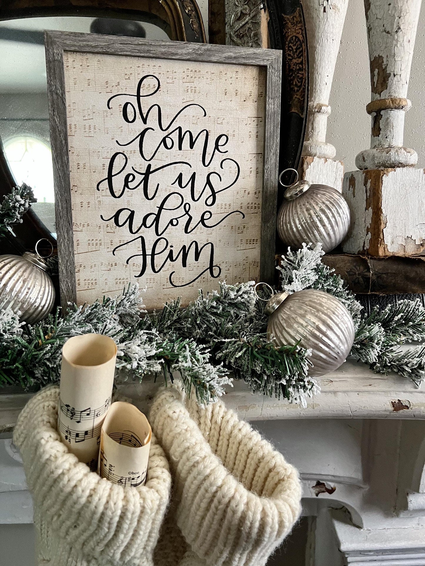 Oh Come Let Us Adore Him Wood Sign FRAMED Vintage Christmas Farmhouse Wall Art Print Sheet Music Book Page