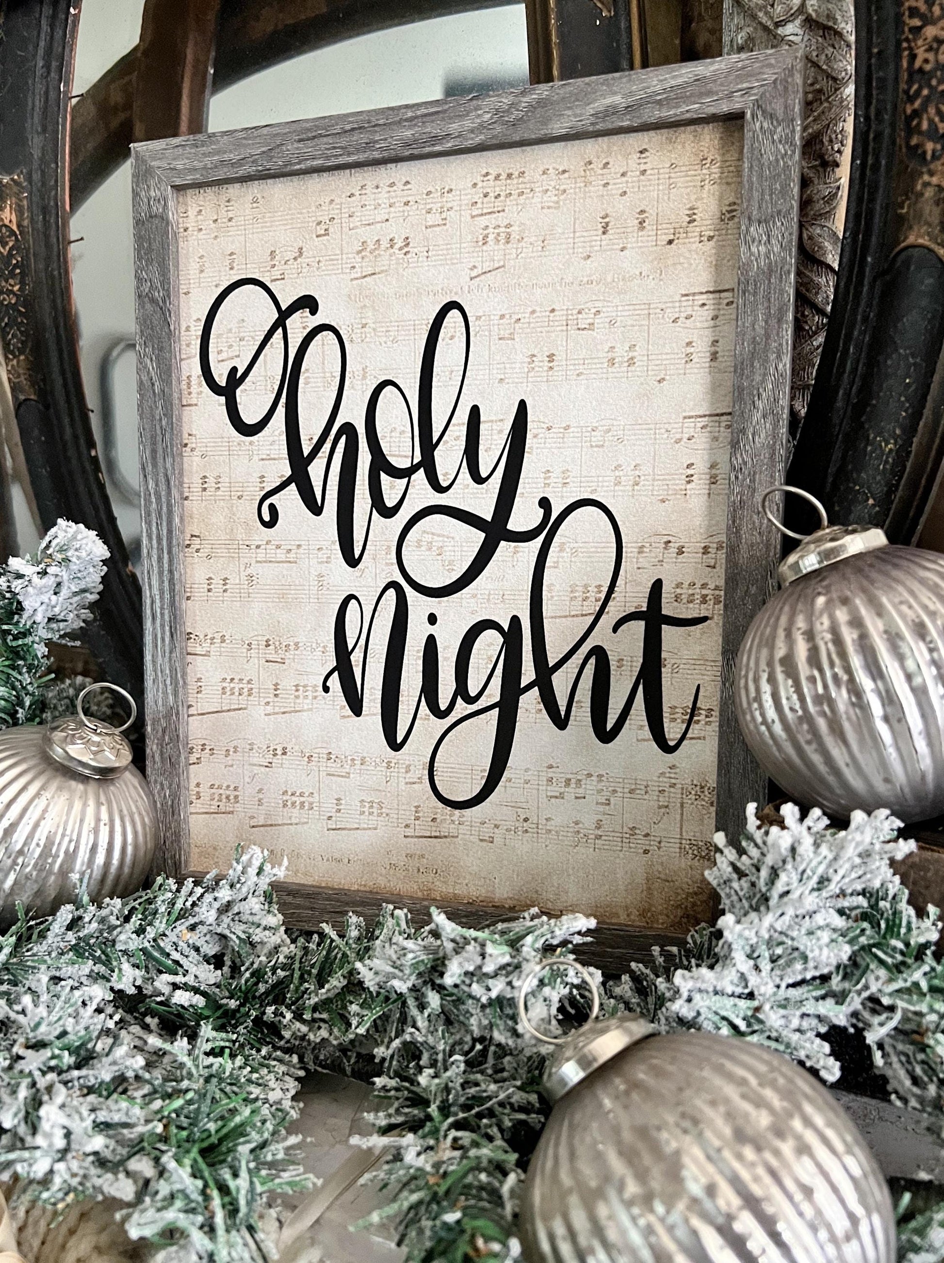 O Holy Night Wood Sign FRAMED Vintage Christmas Farmhouse Wall Art Print Sheet Music Book Page