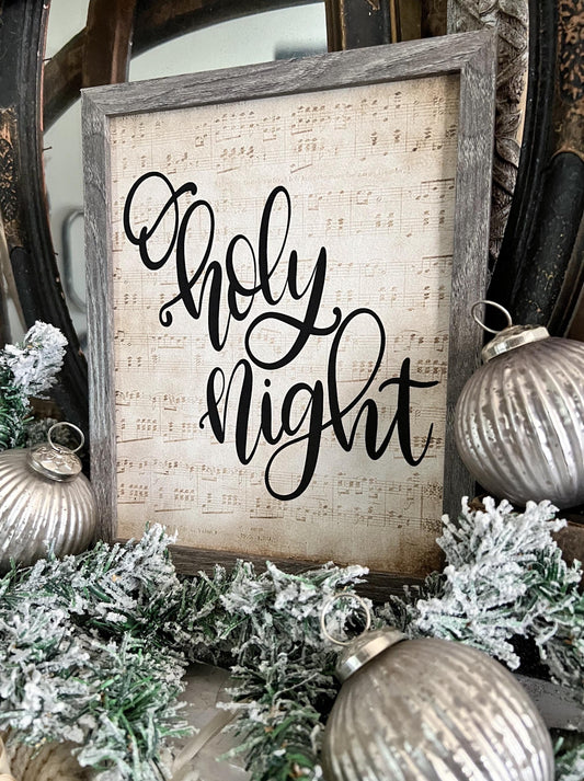 O Holy Night Wood Sign FRAMED Vintage Christmas Farmhouse Wall Art Print Sheet Music Book Page