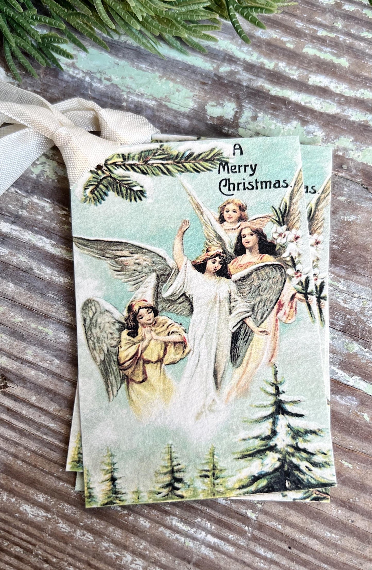 ANGELS A Merry Christmas Gift Tags Vintage Farmhouse Decor Card French Shabby Gift Wrap Christmas Tree Ornament
