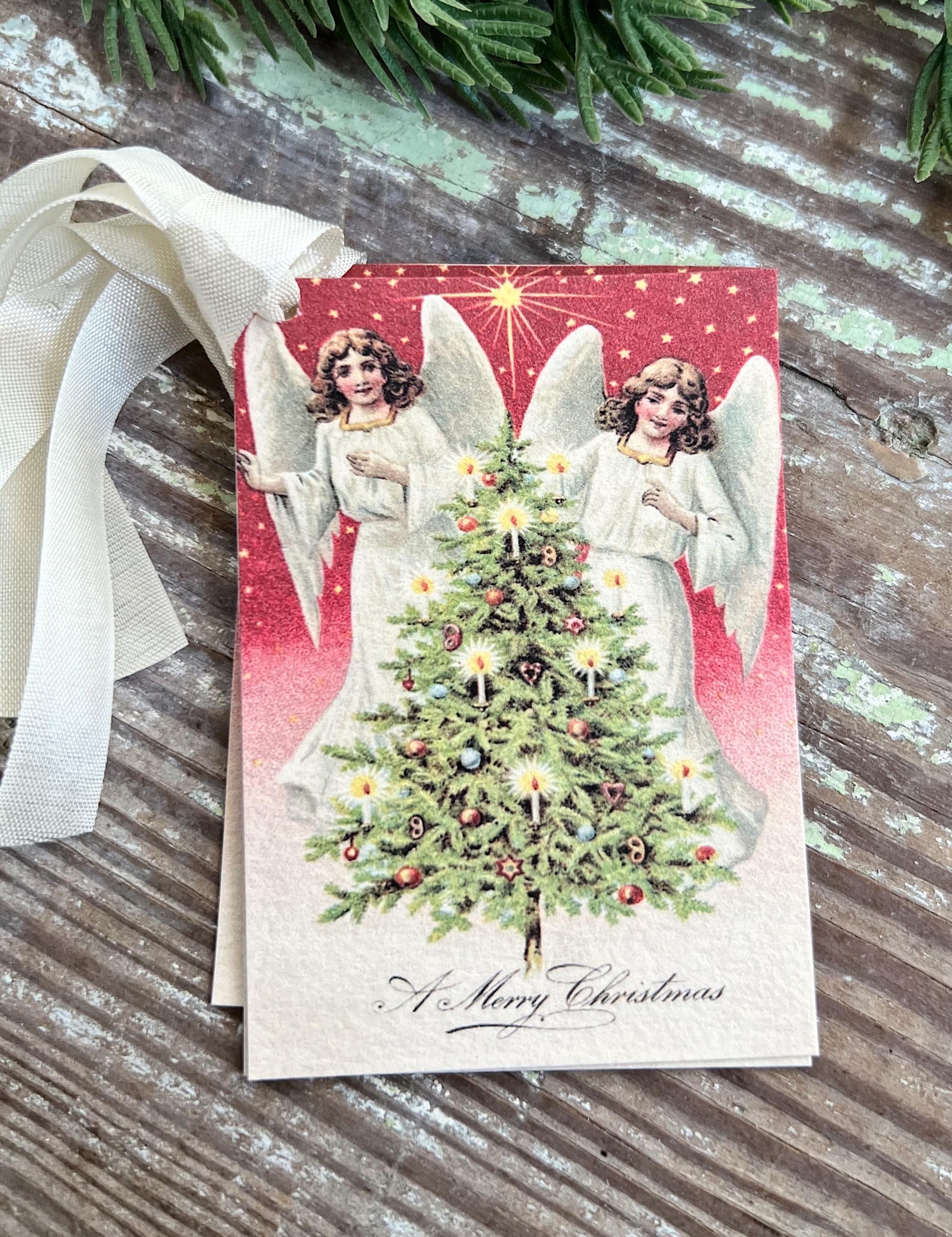 ANGELS with Tree A Merry Christmas Gift Tags Vintage Farmhouse Decor Card French Shabby Gift Wrap Christmas Tree Ornament RED