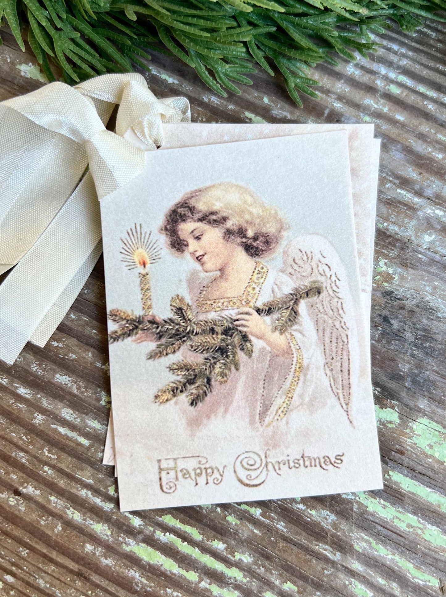 ANGEL Girl Candle Tree Happy Christmas Gift Tags Vintage Farmhouse Decor Card French Shabby Gift Wrap Christmas Tree Ornament