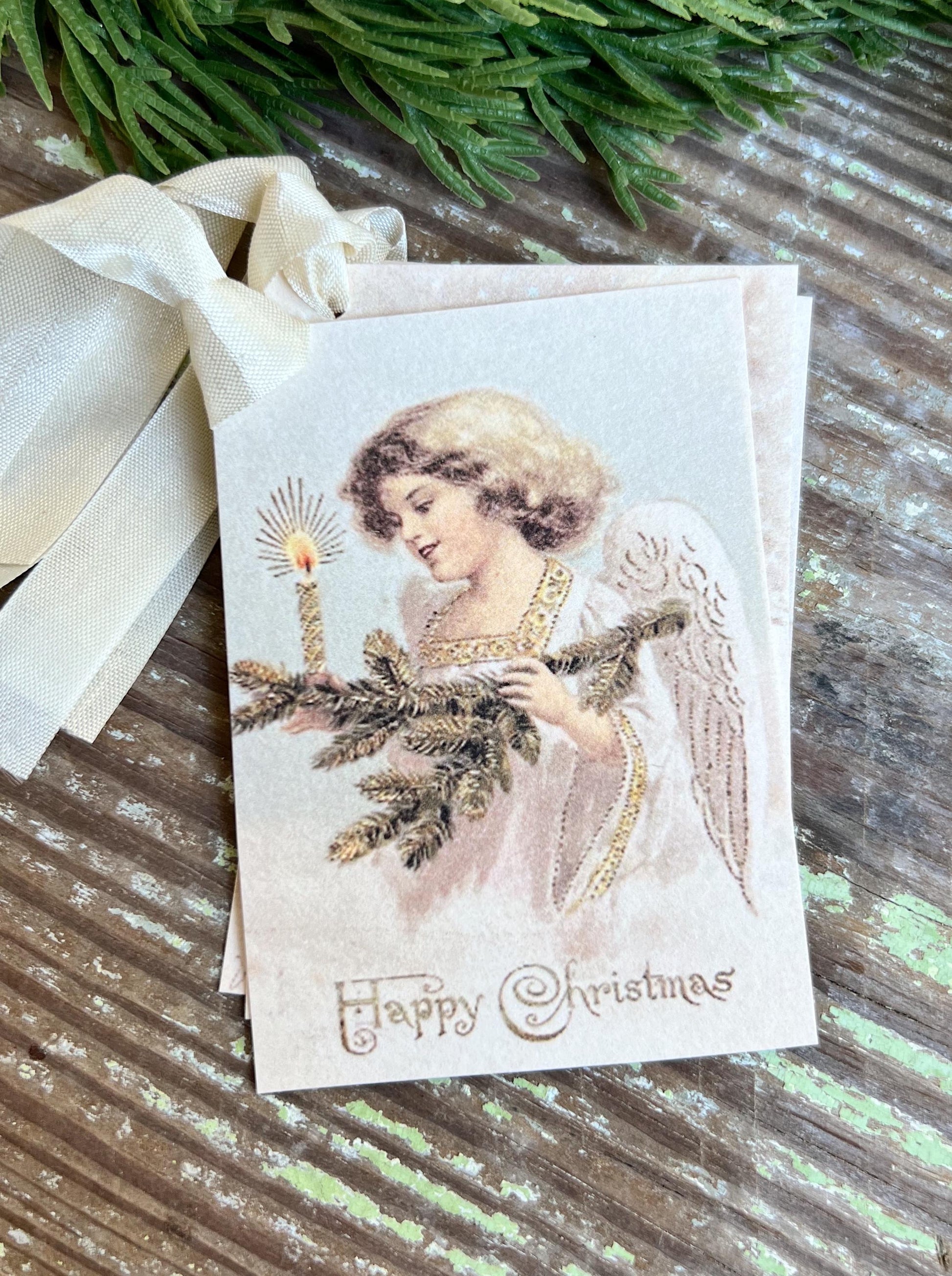 ANGEL Girl Candle Tree Happy Christmas Gift Tags Vintage Farmhouse Decor Card French Shabby Gift Wrap Christmas Tree Ornament