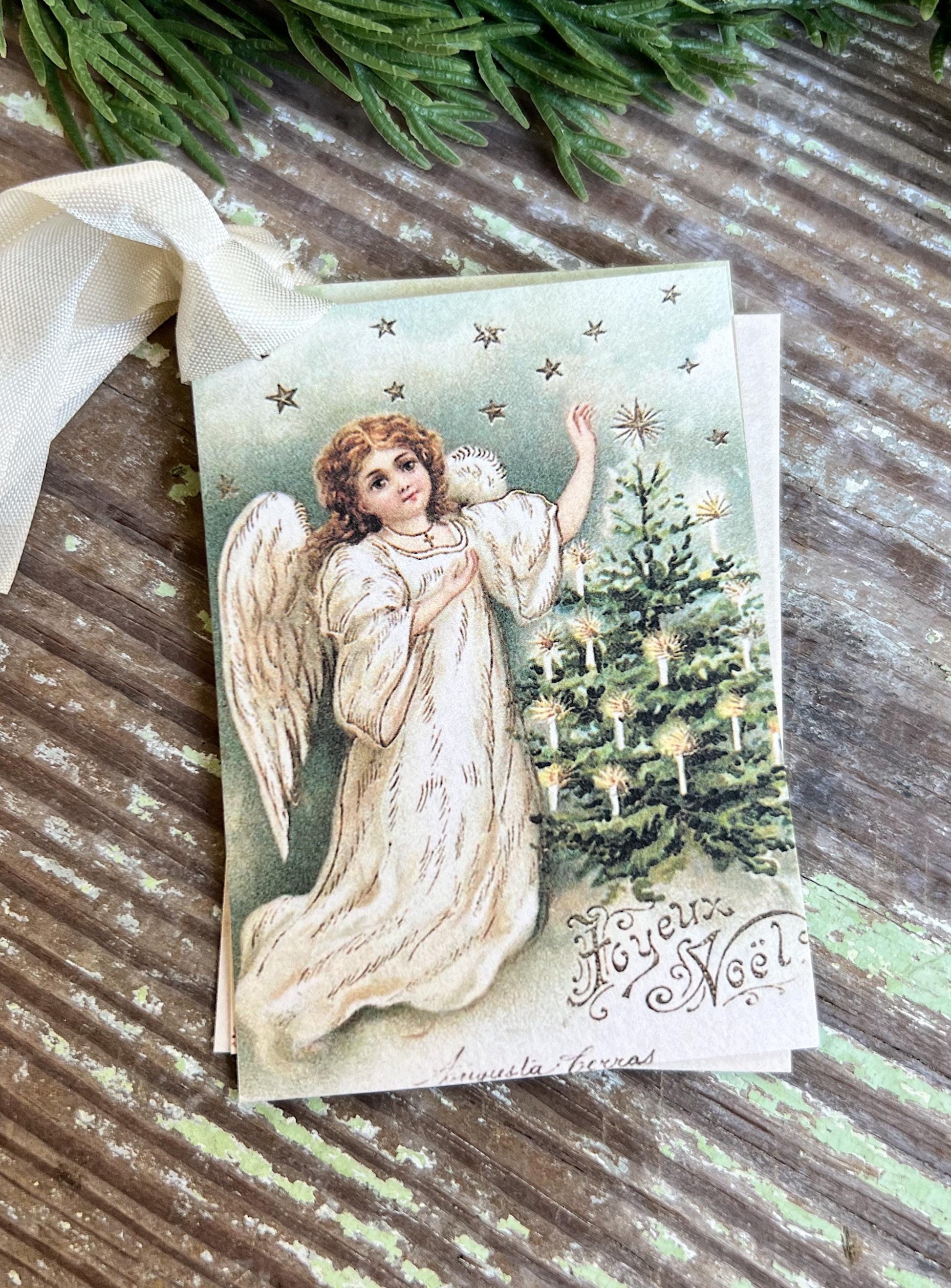 JOYEUX NOEL ANGEL Candle Tree Christmas Gift Tags Vintage Farmhouse Decor Card French Shabby Gift Wrap Christmas Tree Ornament