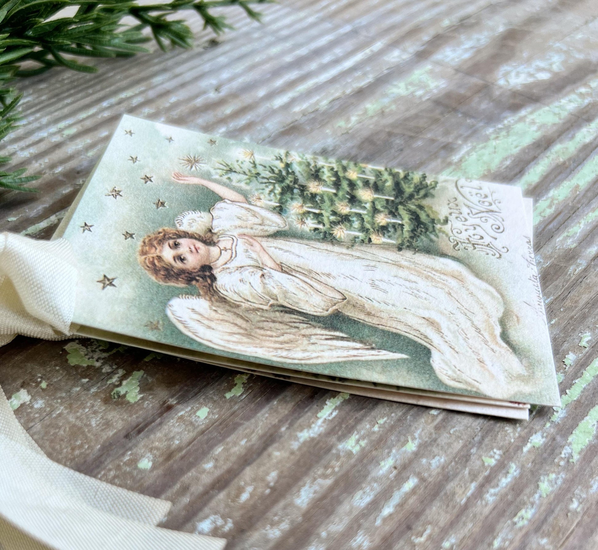 JOYEUX NOEL ANGEL Candle Tree Christmas Gift Tags Vintage Farmhouse Decor Card French Shabby Gift Wrap Christmas Tree Ornament