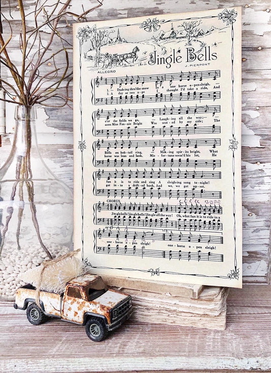 JINGLE BELLS Sign Wood Vintage Sheet Music Carol Christmas Decor Poster Farmhouse Decor Book Page Wall Art