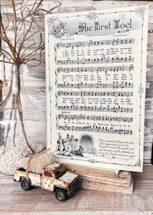 THE FIRST NOEL Sign Wood Vintage Sheet Music Carol Christmas Decor Poster Farmhouse Decor Book Page Wall Art