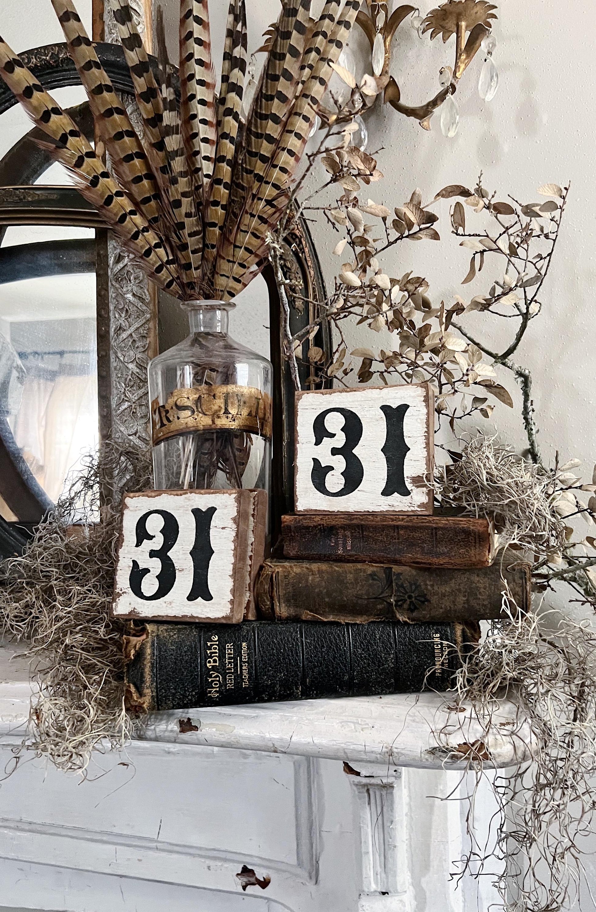 HALLOWEEN 31 Sign Tile Vintage Salvage Barn Wood Reclaimed White Chippy Paint Farmhouse Decor Architectural House Number Apartment Gothic