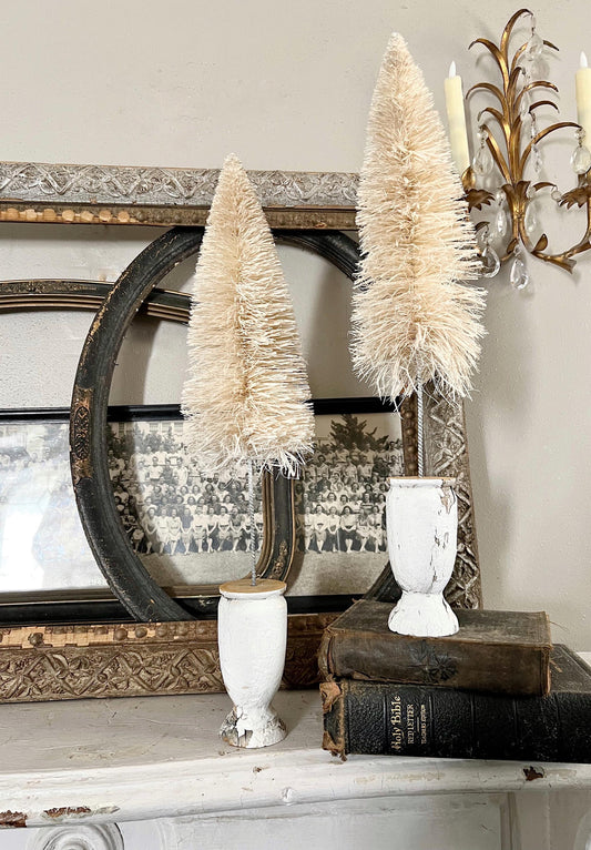 Christmas Bottle Brush Tree EXTRA LARGE With Chippy WHITE Salvaged Wood Base White Flocked Tree Vintage Architectural Farmhouse Sisal Tree