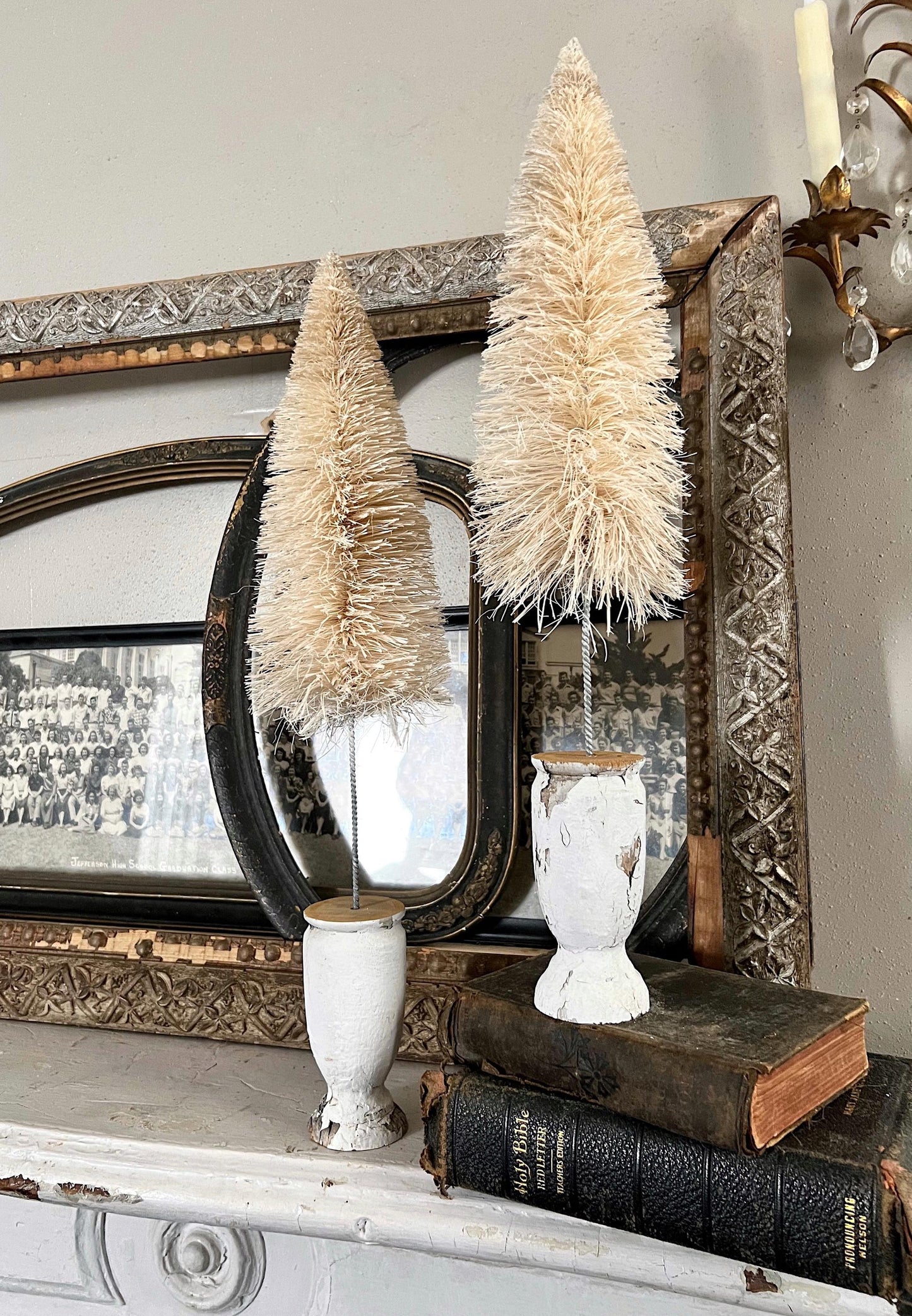 Christmas Bottle Brush Tree EXTRA LARGE With Chippy WHITE Salvaged Wood Base White Flocked Tree Vintage Architectural Farmhouse Sisal Tree