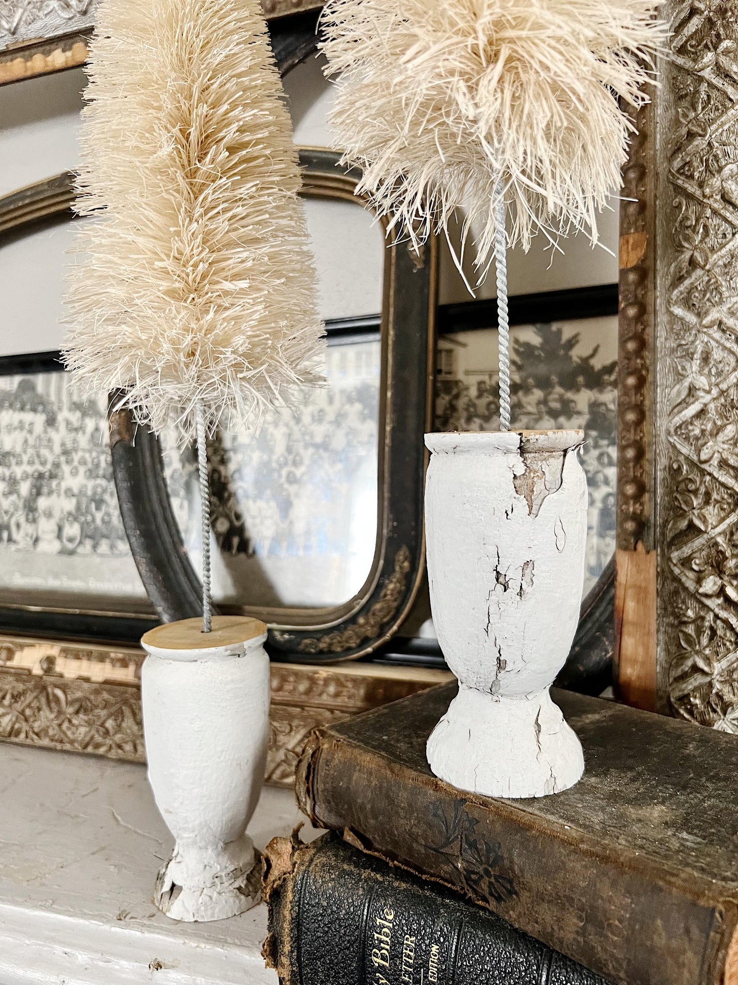 Christmas Bottle Brush Tree EXTRA LARGE With Chippy WHITE Salvaged Wood Base White Flocked Tree Vintage Architectural Farmhouse Sisal Tree