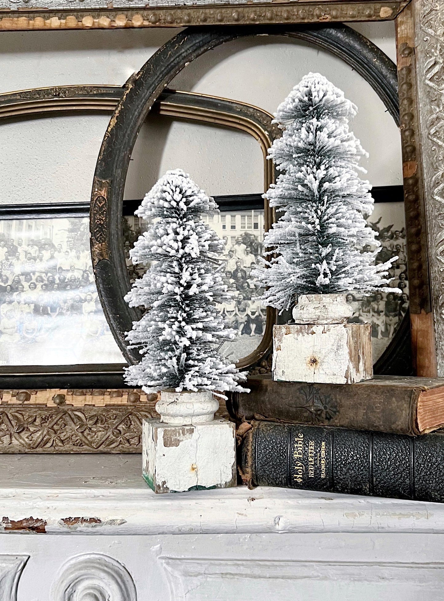 Christmas GREEN Bottle Brush Tree EXTRA LARGE With Chippy White Salvaged Wood Base Flocked Tree Vintage Architectural Farmhouse Sisal Tree