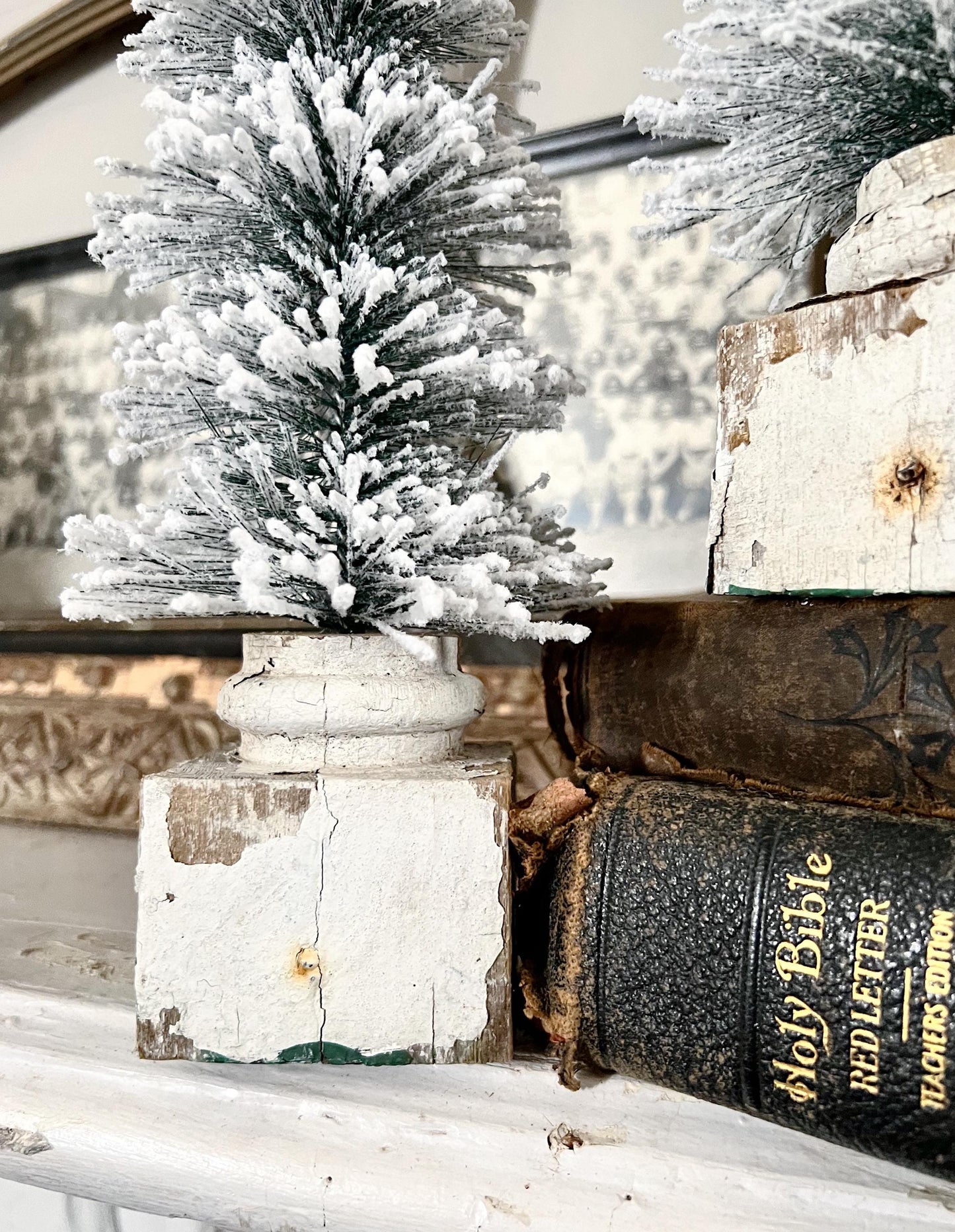 Christmas GREEN Bottle Brush Tree EXTRA LARGE With Chippy White Salvaged Wood Base Flocked Tree Vintage Architectural Farmhouse Sisal Tree
