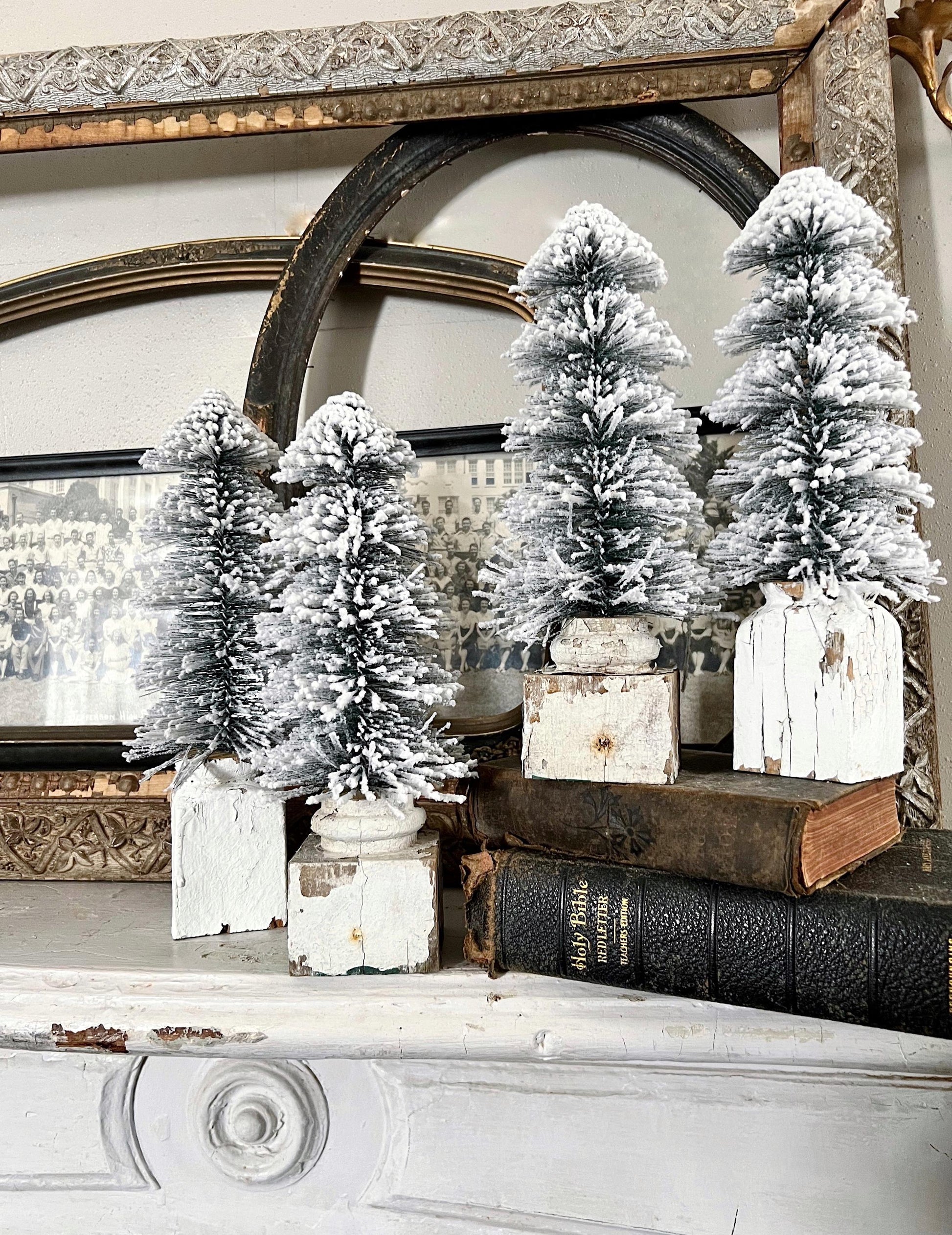 Christmas GREEN Bottle Brush Tree EXTRA LARGE With Chippy White Salvaged Wood Base Flocked Tree Vintage Architectural Farmhouse Sisal Tree