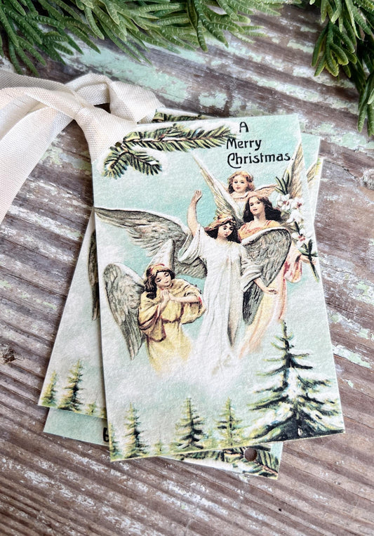 ANGELS A Merry Christmas Gift Tags Vintage Farmhouse Decor Card French Shabby Gift Wrap Christmas Tree Ornament