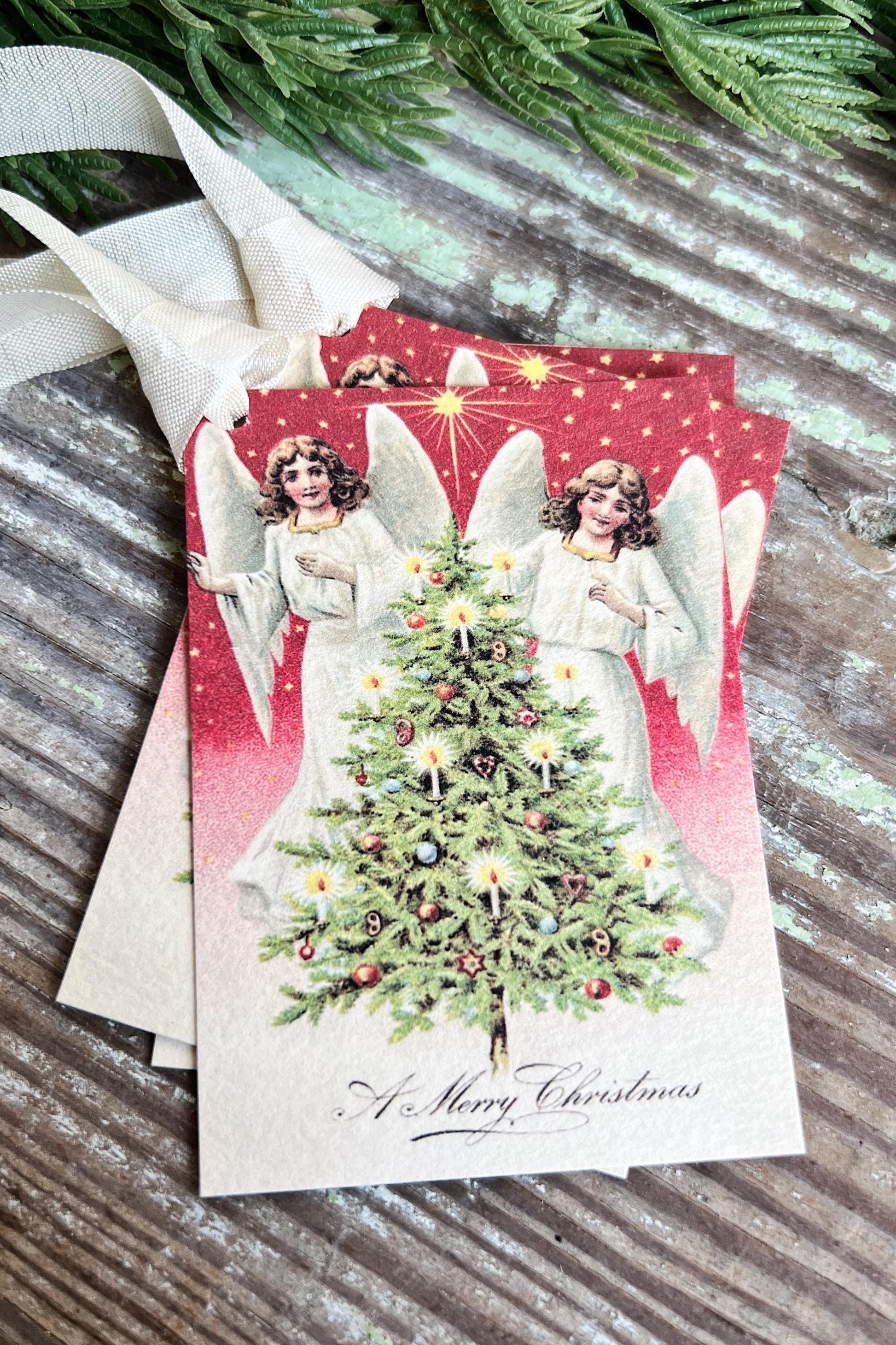 ANGELS with Tree A Merry Christmas Gift Tags Vintage Farmhouse Decor Card French Shabby Gift Wrap Christmas Tree Ornament RED