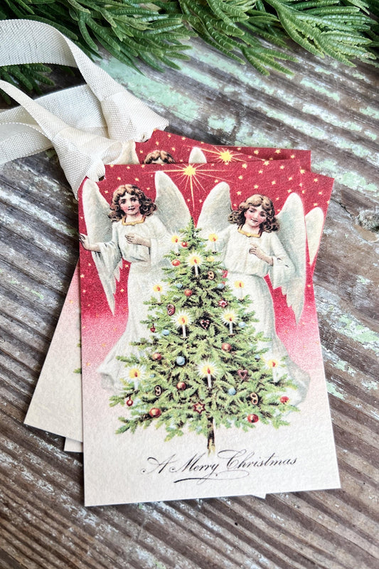 ANGELS with Tree A Merry Christmas Gift Tags Vintage Farmhouse Decor Card French Shabby Gift Wrap Christmas Tree Ornament RED
