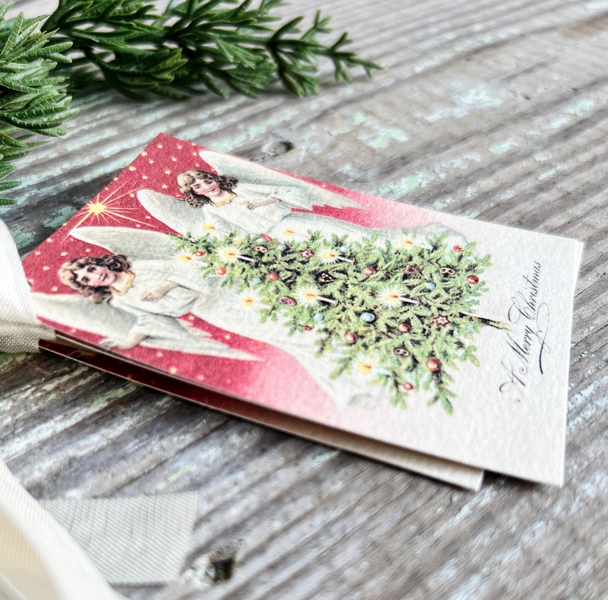 ANGELS with Tree A Merry Christmas Gift Tags Vintage Farmhouse Decor Card French Shabby Gift Wrap Christmas Tree Ornament RED