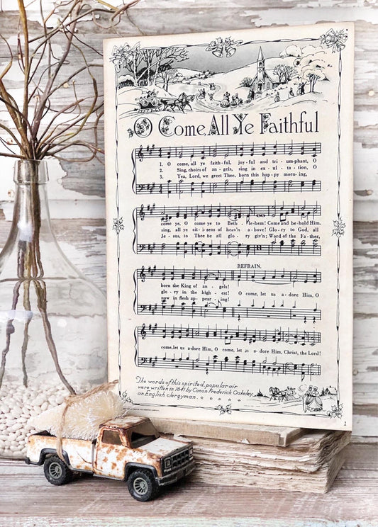 Oh Come All Ye Faithful Sign Wood Vintage Sheet Music Carol Christmas Decor Poster Farmhouse Decor Book Page Wall Art Let Us Adore Him