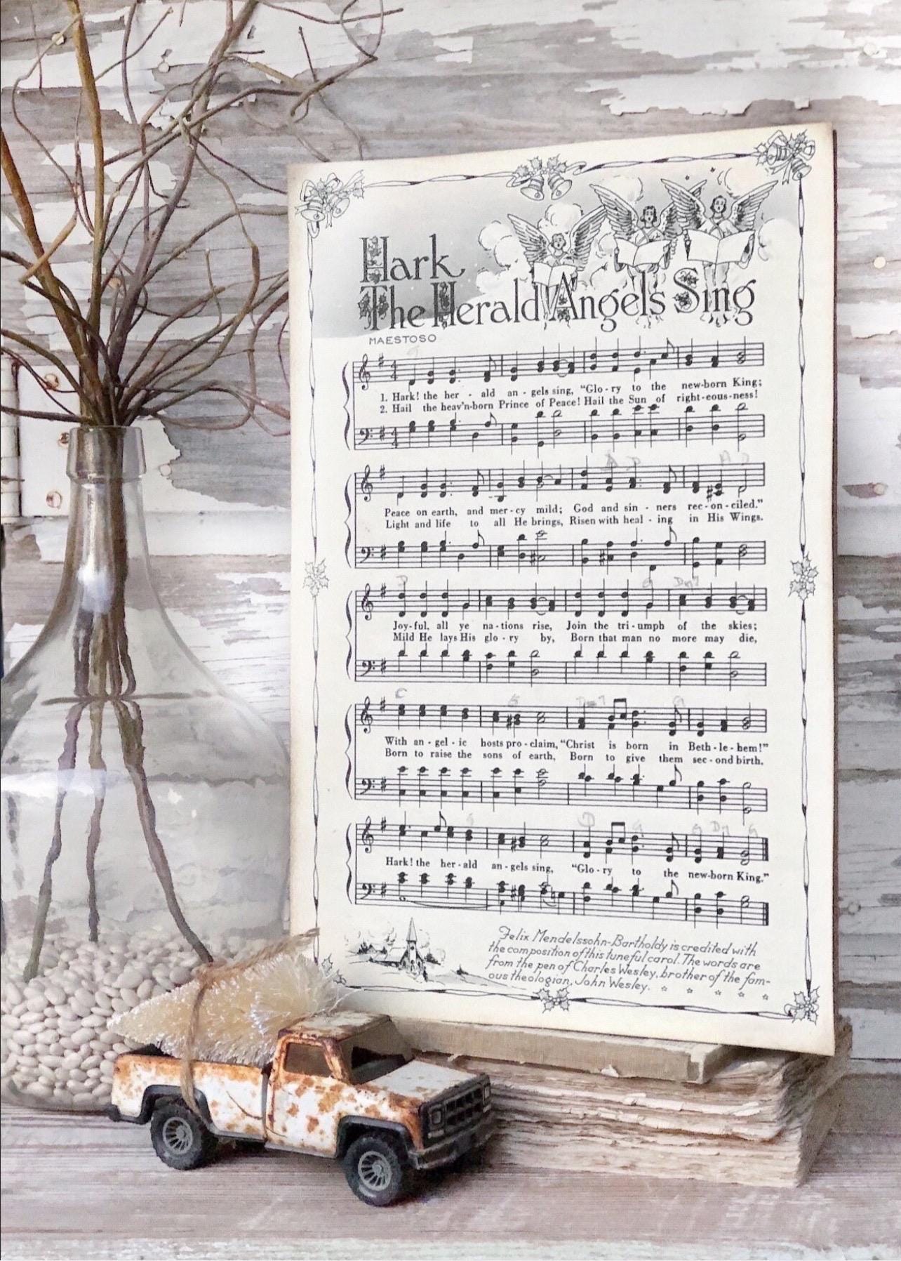 Hark The Herald Angels Sing Sign Wood Vintage Sheet Music Carol Christmas Decor Poster Farmhouse Decor Book Page Wall Art