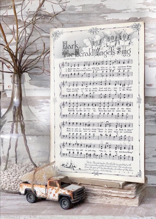 Hark The Herald Angels Sing Sign Wood Vintage Sheet Music Carol Christmas Decor Poster Farmhouse Decor Book Page Wall Art