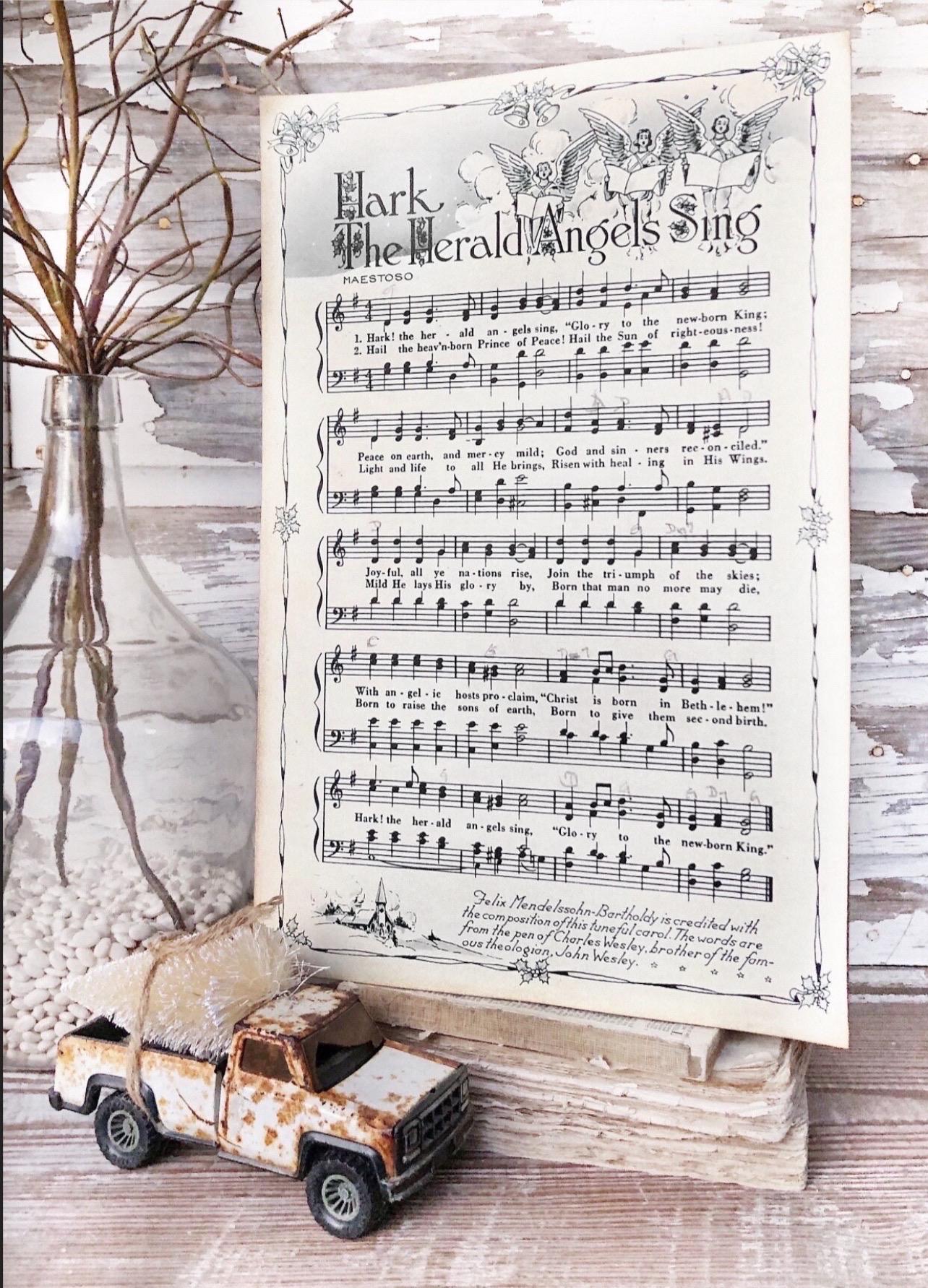 Hark The Herald Angels Sing Sign Wood Vintage Sheet Music Carol Christmas Decor Poster Farmhouse Decor Book Page Wall Art