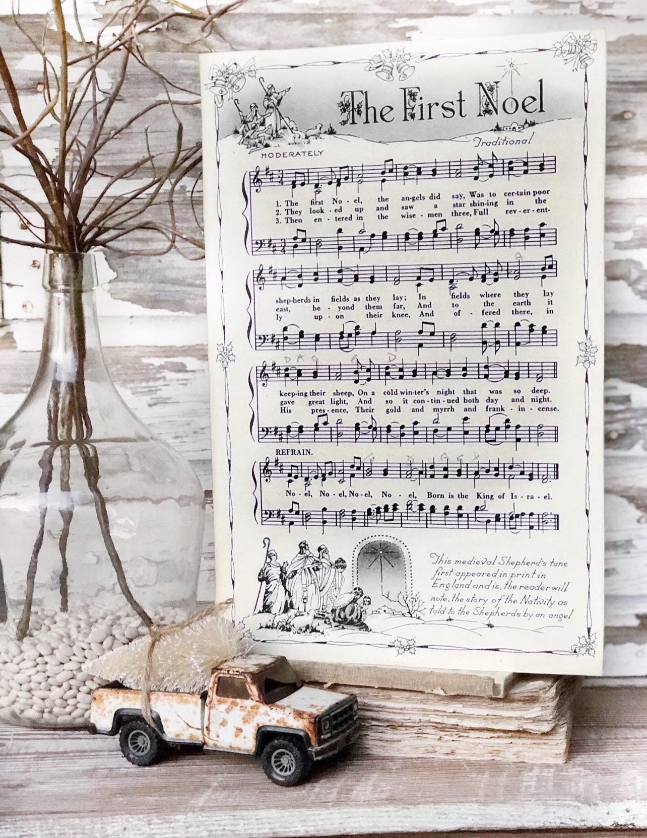 THE FIRST NOEL Sign Wood Vintage Sheet Music Carol Christmas Decor Poster Farmhouse Decor Book Page Wall Art