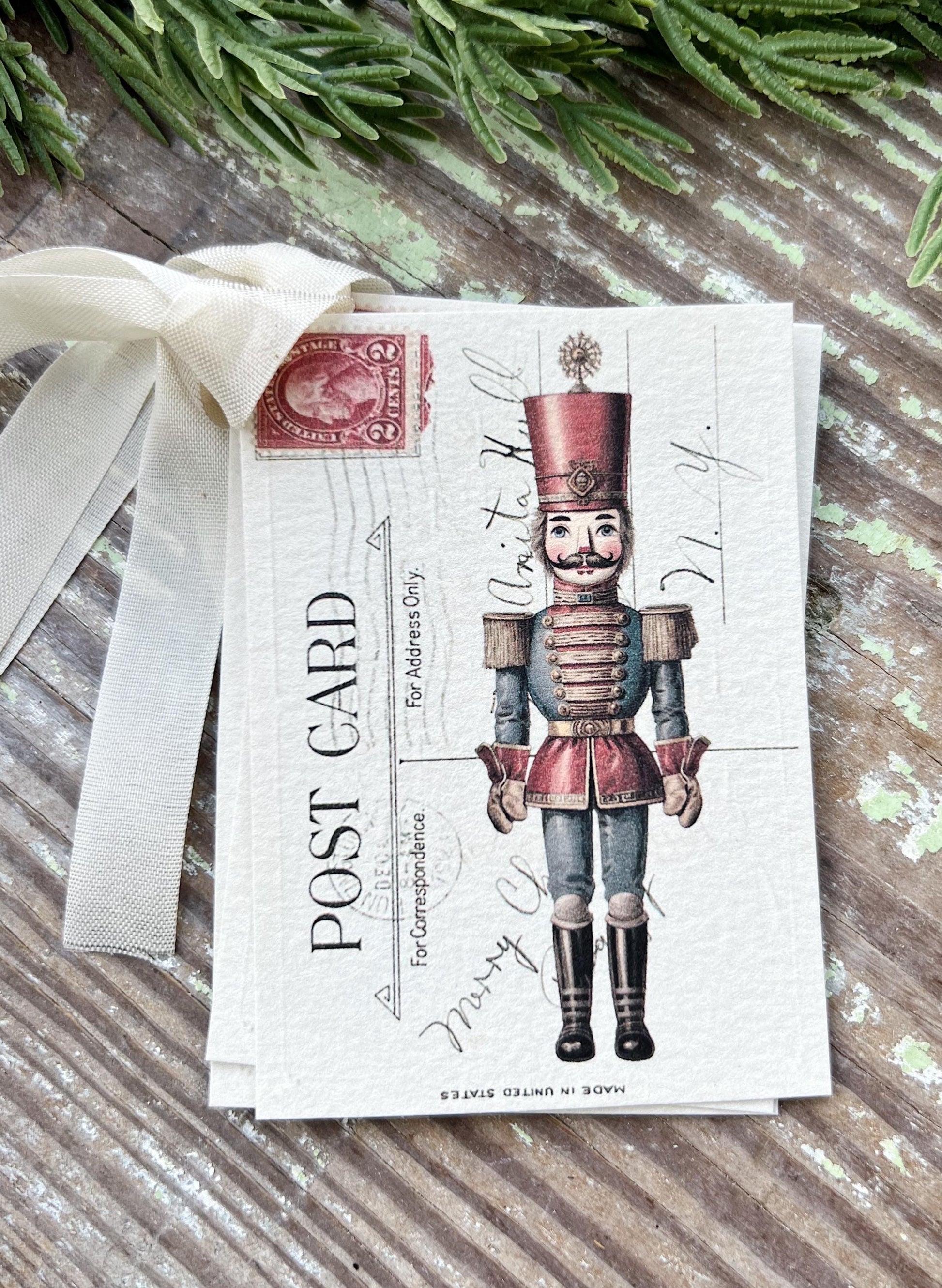 NUTCRACKER POST CARD Red Christmas Vintage Gift Tags Farmhouse Christmas Decor Card French Shabby Gift Wrap