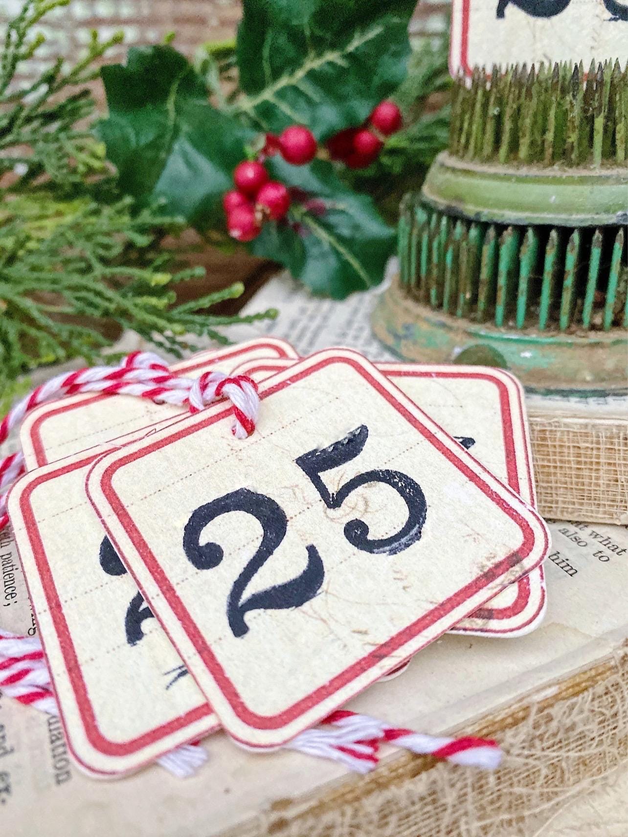 CHRISTMAS Label Gift Tags Vintage RED Primitive Card Farmhouse Decor Number 25