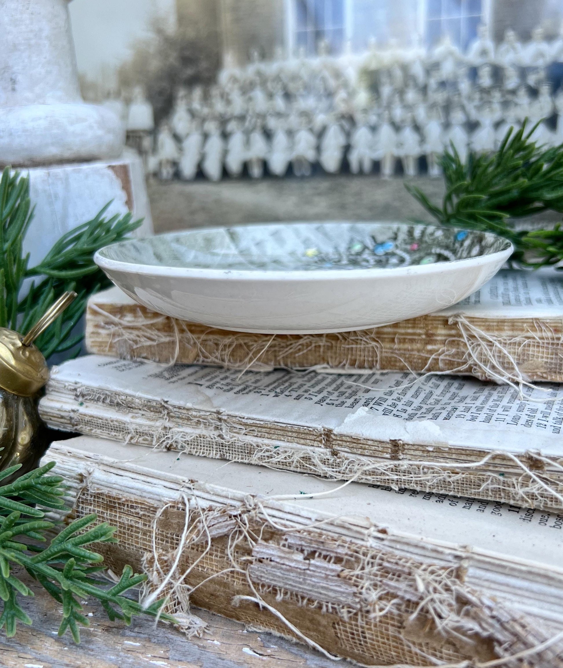Antique CHRISTMAS White Ironstone Dish Transferware JOHNSON BROS Farmhouse Decor Fall England Coaster Butter Pat Friendly Village