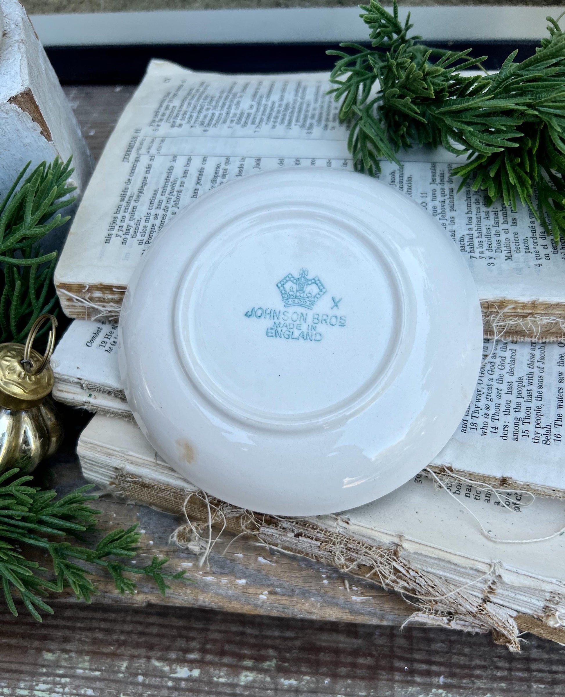 Antique CHRISTMAS White Ironstone Dish Transferware JOHNSON BROS Farmhouse Decor Fall England Coaster Butter Pat Friendly Village