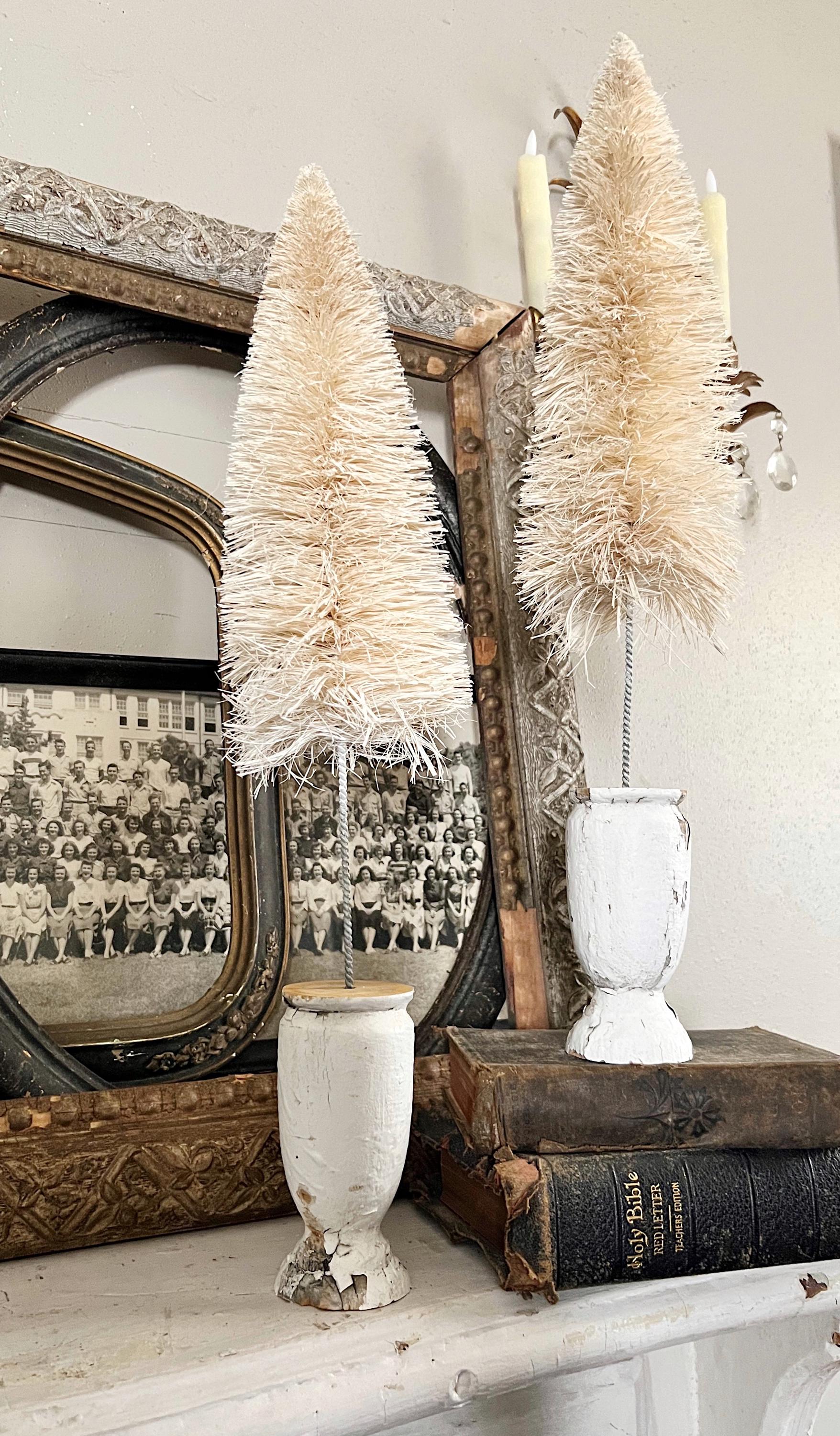 Christmas Bottle Brush Tree EXTRA LARGE With Chippy WHITE Salvaged Wood Base White Flocked Tree Vintage Architectural Farmhouse Sisal Tree