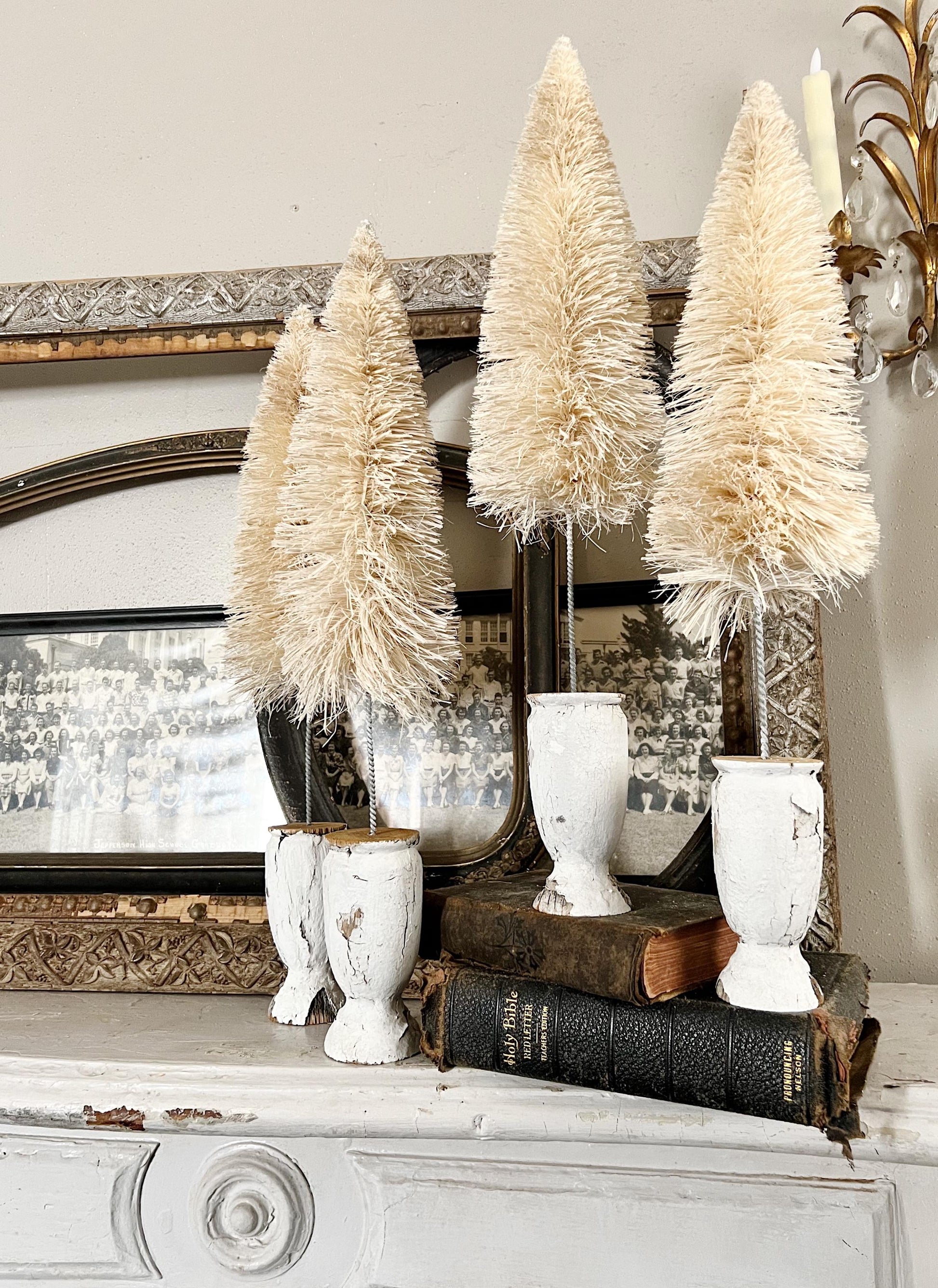 Christmas Bottle Brush Tree EXTRA LARGE With Chippy WHITE Salvaged Wood Base White Flocked Tree Vintage Architectural Farmhouse Sisal Tree