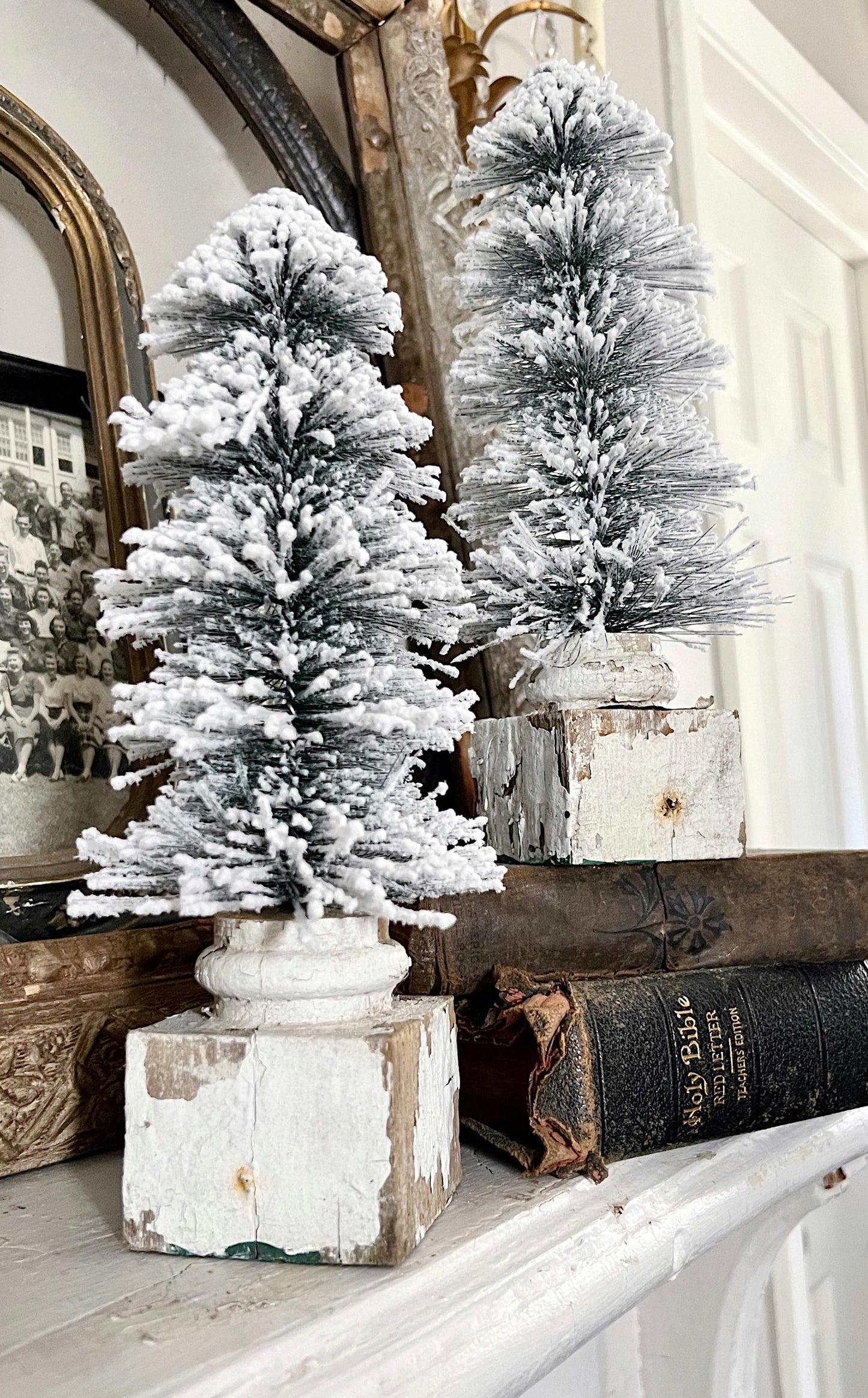 Christmas GREEN Bottle Brush Tree EXTRA LARGE With Chippy White Salvaged Wood Base Flocked Tree Vintage Architectural Farmhouse Sisal Tree