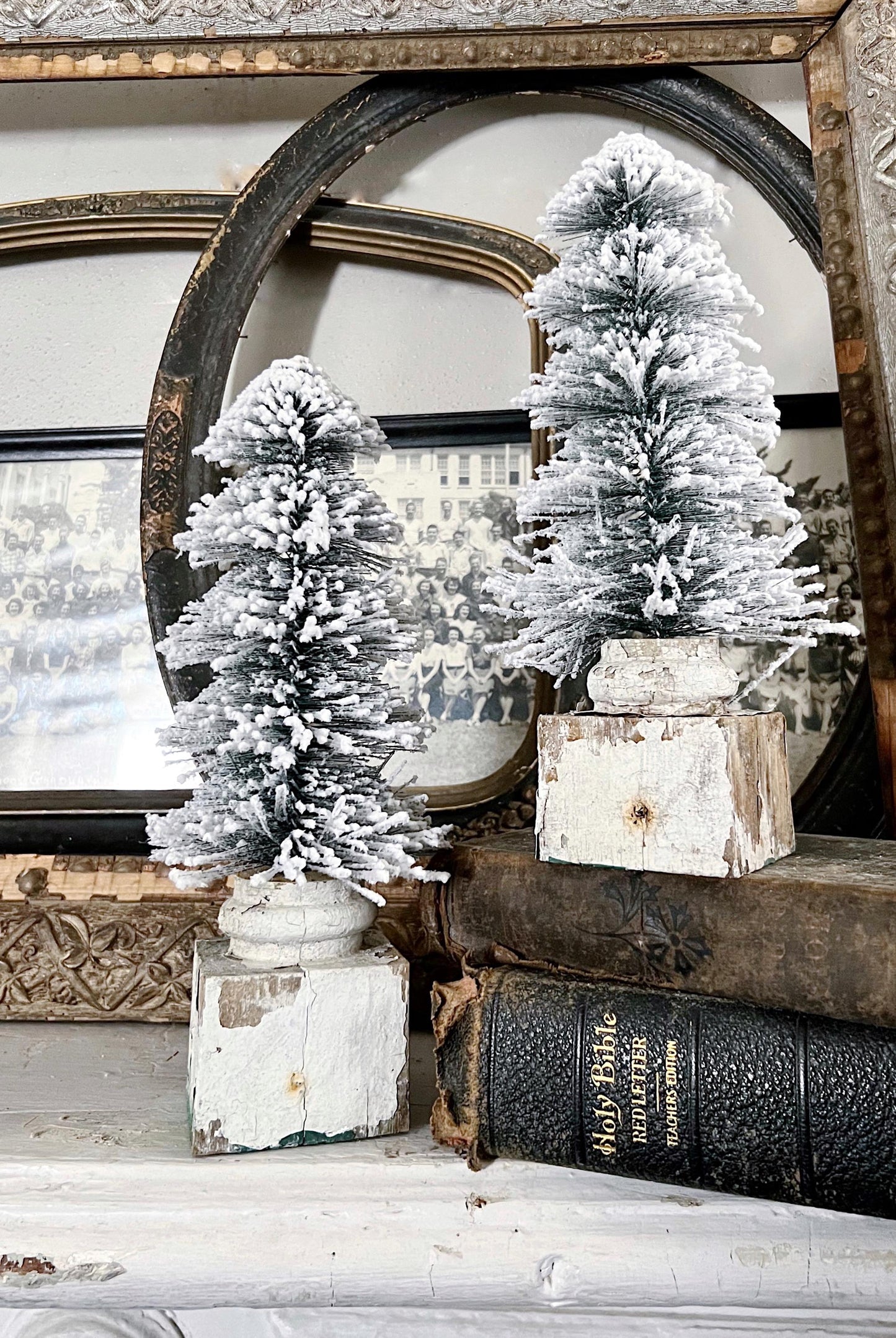 Christmas GREEN Bottle Brush Tree EXTRA LARGE With Chippy White Salvaged Wood Base Flocked Tree Vintage Architectural Farmhouse Sisal Tree