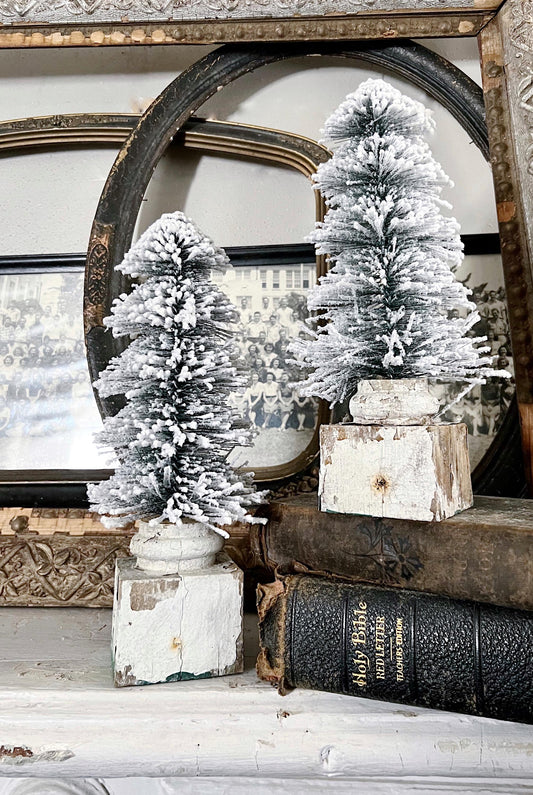 Christmas GREEN Bottle Brush Tree EXTRA LARGE With Chippy White Salvaged Wood Base Flocked Tree Vintage Architectural Farmhouse Sisal Tree