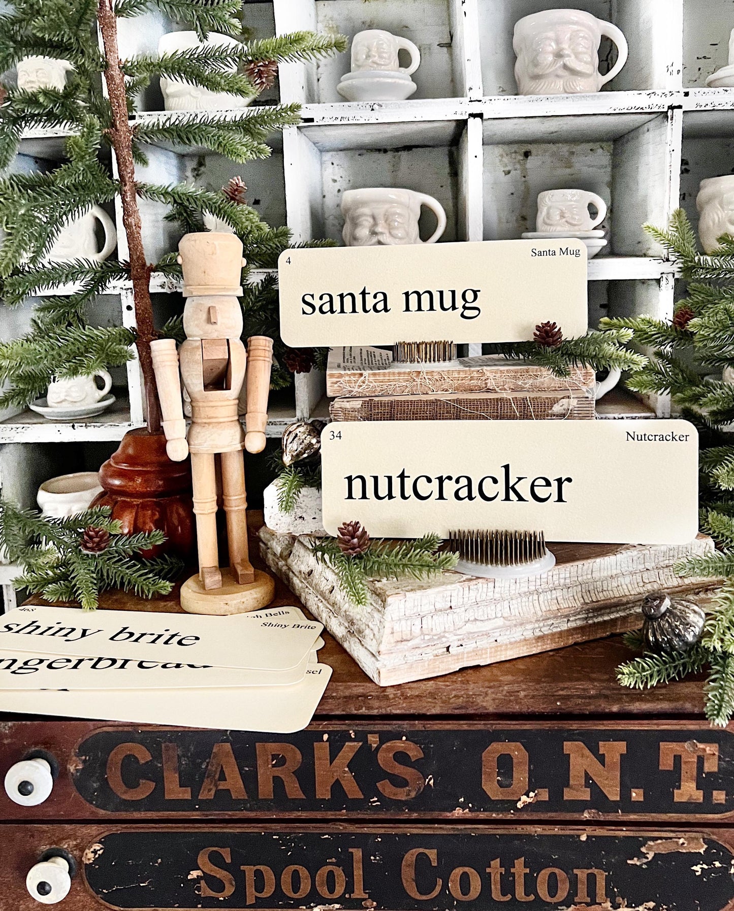 CHRISTMAS NOSTALGIA Flash Cards LARGE Vintage Inspired Word Flashcard Set Of 8 Farmhouse Decor Holiday Nutcracker Shiny Brite Tinsel
