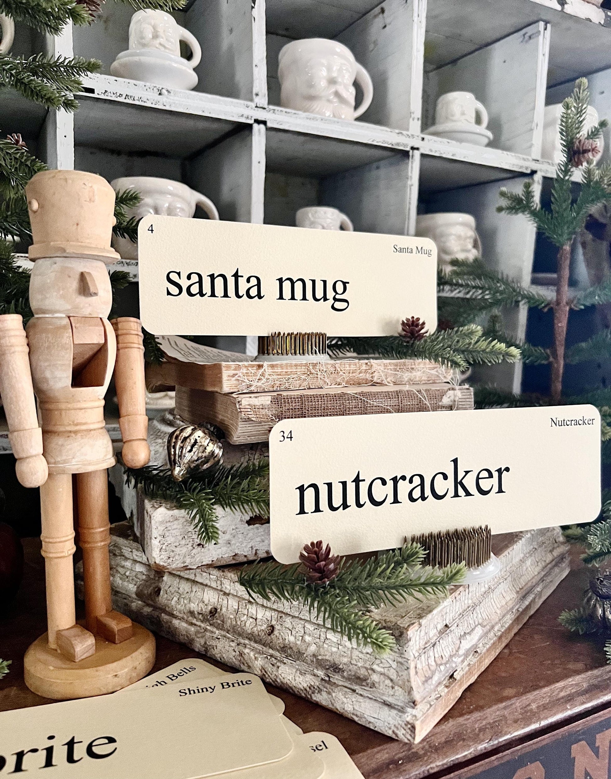 CHRISTMAS NOSTALGIA Flash Cards LARGE Vintage Inspired Word Flashcard Set Of 8 Farmhouse Decor Holiday Nutcracker Shiny Brite Tinsel