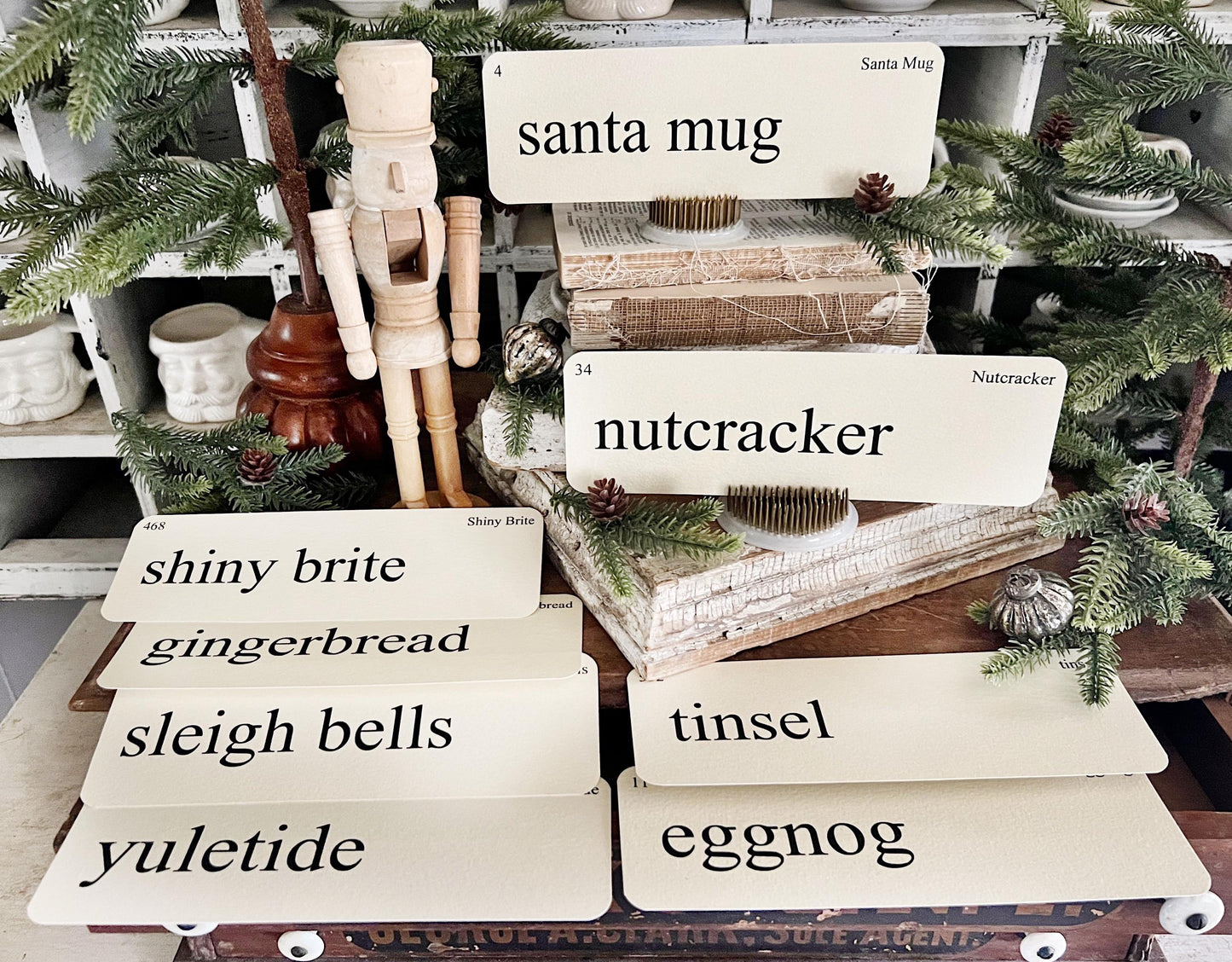 CHRISTMAS NOSTALGIA Flash Cards LARGE Vintage Inspired Word Flashcard Set Of 8 Farmhouse Decor Holiday Nutcracker Shiny Brite Tinsel