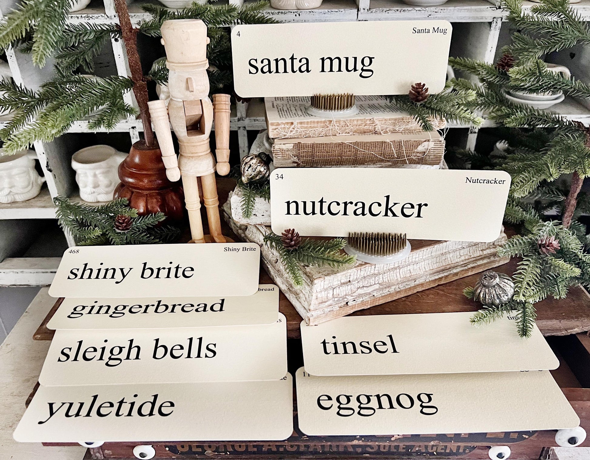 CHRISTMAS NOSTALGIA Flash Cards LARGE Vintage Inspired Word Flashcard Set Of 8 Farmhouse Decor Holiday Nutcracker Shiny Brite Tinsel