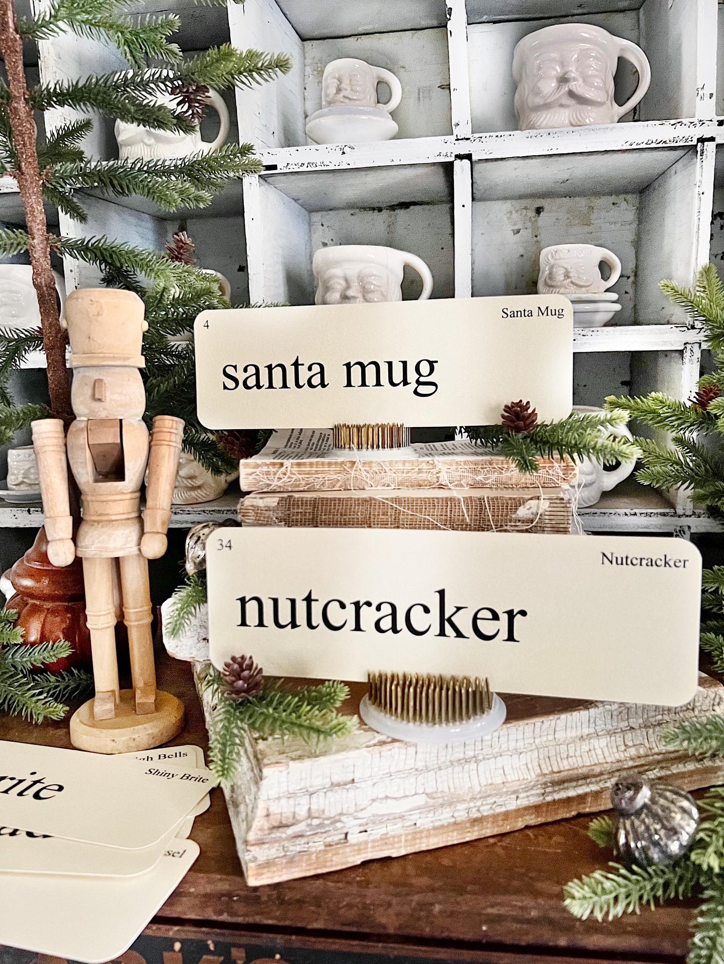 CHRISTMAS NOSTALGIA Flash Cards LARGE Vintage Inspired Word Flashcard Set Of 8 Farmhouse Decor Holiday Nutcracker Shiny Brite Tinsel